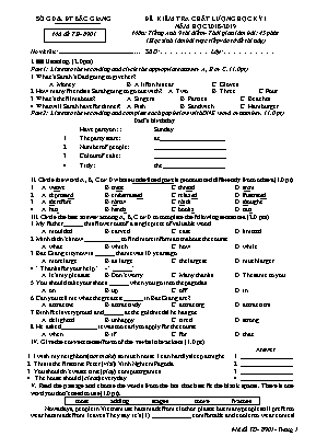 Đề kiểm tra chất lượng học kì I môn Tiếng Anh Lớp 9 (Thí điểm) - Mã đề TĐ-8901 - Năm học 2018-2019 - Sở giáo dục và đào tạo Bắc Giang